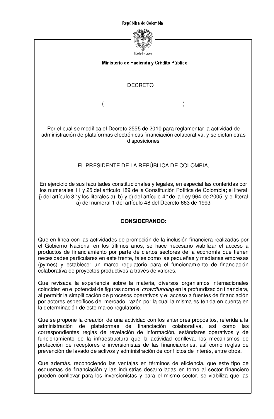 Proyecto de Decreto - Reglamentación de la actividad de administración de plataformas electrónicas de financiación colaborativa