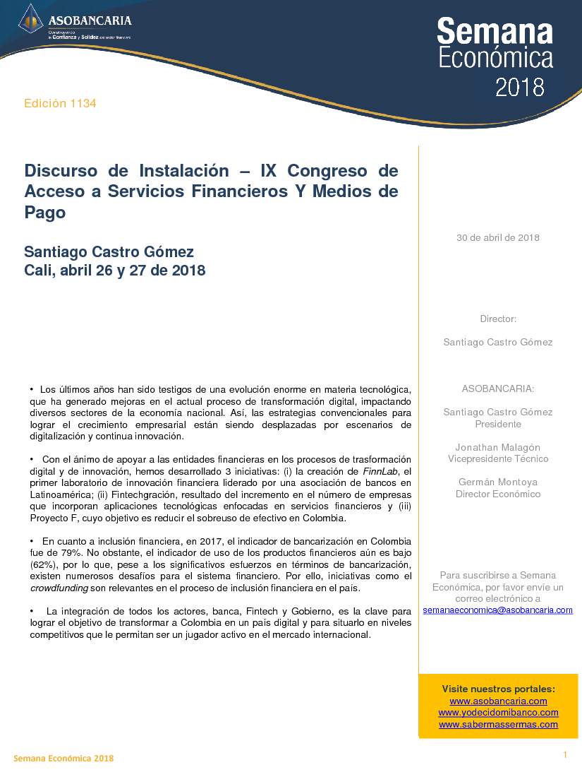 Discurso de Instalación – IX Congreso de Acceso a Servicios Financieros Y Medios de Pago